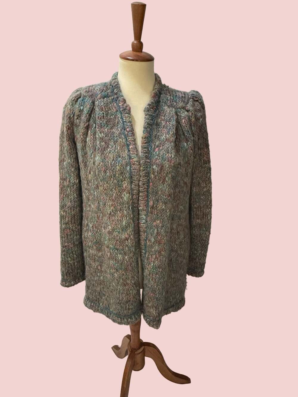 Vintage Hand-Knit Multi-Color Speckled Wool Cardigan Sweater